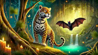 Jaguar and bat standing victoriously near the glowing Cenote surrounded by lush jungle vegetation and fireflies.