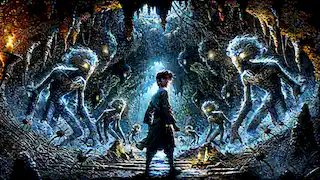 Amir stands in a dark cave surrounded by glowing creatures, facing them with determination