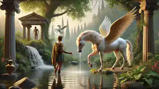 Bellerophon approaches Pegasus, who drinks from the Pirene fountain, golden bridle in hand, surrounded by lush greenery.