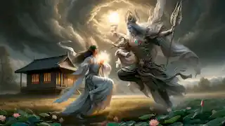 San Shengmu defends her cottage against Erlang Shen in a dramatic battle under stormy skies near blooming lotuses.