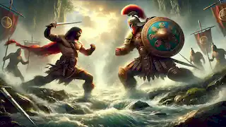 Cú Chulainn and Ferdiad battling at a narrow ford, surrounded by churning waters, mist, and sunlight breaking through clouds.