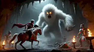 Rostam battles the fearsome White Demon in a dark cave, with Rakhsh standing nearby.