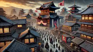 Minamoto forces siege Kyoto with Taira's desperate defense.