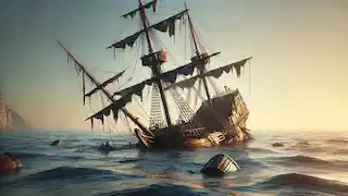 An explorer's ship adrift after battling the Kraken, with broken masts and calm seas at sunset.