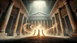 In Delphi’s temple, the nymph sisters release the light fragments, fighting swirling shadows in an intense confrontation.