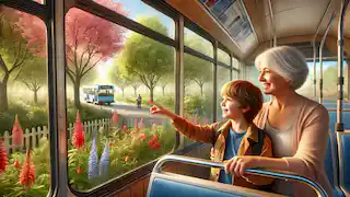 Amir and his grandmother look out at a vibrant park with trees and flowers from the bus window.