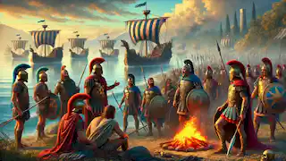 Greek warriors and ships gather near the shores of Troy in preparation for battle.