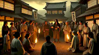 Kenta stands in the village center warning the fearful villagers about the Kappa at dusk.