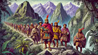 Manco Inca leads his followers through the rugged Andes, their expressions showing determination on their journey.