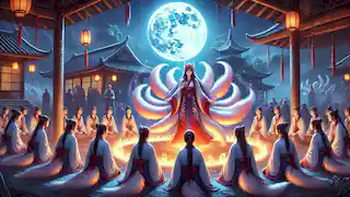 Mei undergoes a ritual under the full moon, transforming from a Nine-Tailed Fox into a human woman.