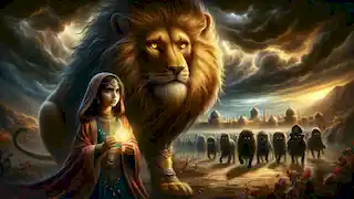 Laila stands with the Guardian Lion, facing shadowy creatures under a stormy sky near her village.