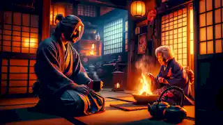 The merchant sits by the hearth in a traditional Japanese inn, listening to the innkeeper explain the legend.