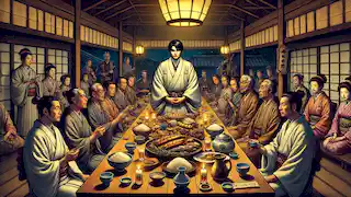 The Nurarihyon calmly eating at a grand feast as villagers hold sacred charms, with the priest watching nervously.