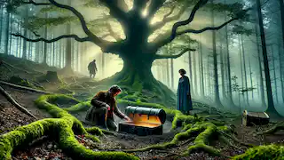 Two historians dig near an ancient oak tree in a misty forest, finding a hidden iron box beneath its roots.