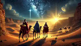 Three wise men traveling across the desert under the guiding light of the Star of Bethlehem.