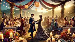 A magical wedding scene with a young couple dancing, surrounded by guests in colorful wizarding attire.