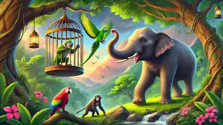 Elephant using her trunk to break a cage and free a parrot while the monkey watches.