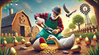 The farmer cutting open the goose, finding no golden eggs inside.