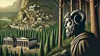 A Satyr watches in concern as an ancient Greek city expands into the forest, with trees being cut down.