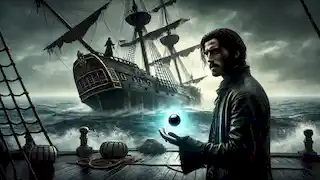 Ezra stands on the sinking Queen Anne’s Revenge, holding the glowing black pearl as Blackbeard’s ghost fades into the mist.