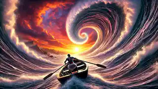 Ndongo rows toward a massive ocean whirlpool at sunset, his boat drawn toward the swirling water.