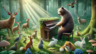 Bear plays the piano for forest animals gathered around in a peaceful clearing.