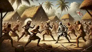 Carib warriors clashing with European settlers on a Caribbean island, fighting with spears and arrows.