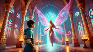 Rostam encounters a fairy with shimmering wings inside the grand hall of the Castle of the Fairies.