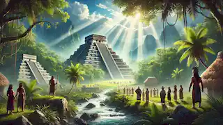 The Temple of Kukulkan surrounded by lush jungle and grateful villagers after a rainstorm.