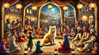 Villagers celebrate the return of the mystical Persian cat, Mitra, with joyful reverence in Shahrazad.