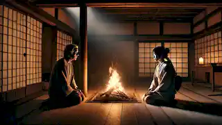 Minokichi and Oyuki sit by a dim hearth; Oyuki's face is pale and sorrowful as they share a tense conversation.