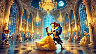 Belle and the Beast dance in the grand ballroom, with enchanted objects watching and chandeliers above.