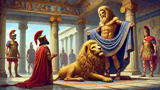 Heracles presenting the Nemean Lion's hide to King Eurystheus.