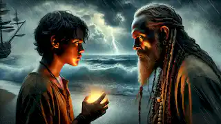 Aníbal confronts the shaman Ciguayo on a Caribbean beach amidst a brewing storm.