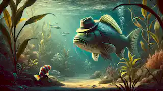 Large fish, now wearing the hat, swimming away as the small fish watches.