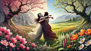 Persephone and Demeter joyfully reunite in a blooming field, symbolizing the return of spring and life to the world.