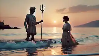 Poseidon and Amphitrite meeting peacefully in the shallow waters off Crete during sunset.