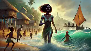 Adisa returns to her village's shore, her mother running toward her, with the village in the background alive with activity.