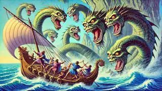 The monstrous Scylla attacking Odysseus' ship as the crew tries to navigate through a narrow strait