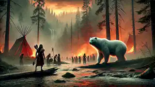 Aiden and Yetsa, the Spirit Bear, lead villagers to gather water from the river to fight a forest fire in the background.