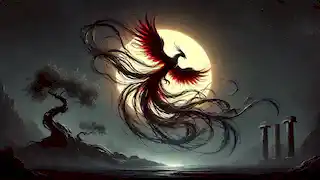 The Phoenix trapped in shadowy tendrils on a moonless night, struggling to keep its fiery essence alive.