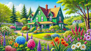 Green Gables farmhouse in the springtime, with blooming flowers and vibrant greenery.