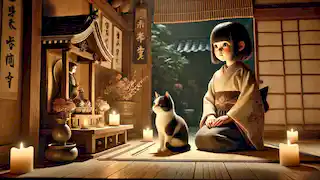 Ayame kneels at a family shrine at night with Tama, her cat, watching beside her.