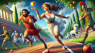 Hippomenes throws the final golden apple, and Atalanta veers off the track to retrieve it.