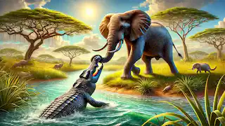 The Elephant pulling the Crocodile out of the water in a vibrant African savanna setting.