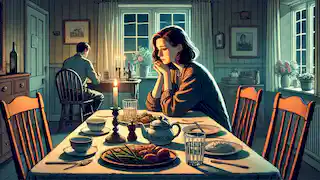 Mary sits at a dimly lit dinner table with a sad expression, waiting for John who never reciprocates her feelings.