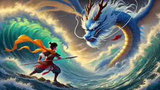 Nezha faces Ao Bing on the shore as waves crash around them in an intense confrontation.