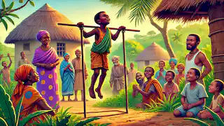 Sundiata using iron rods to stand, surrounded by villagers in awe, with his mother watching proudly.