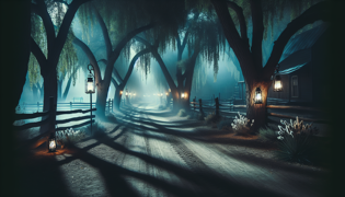 A lonely dirt path through the valley illuminated by lantern light and moonbeams