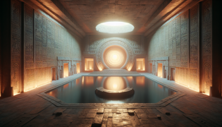 Dimly lit cavern with glowing moss-carved walls and a central stone basin